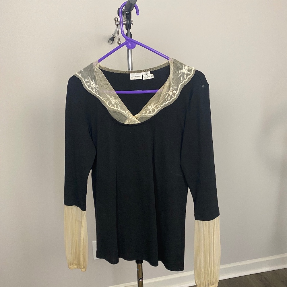 Black Blouse with white lace trim